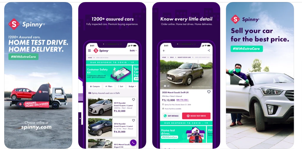 Spinny app provides a completely online used car buying and selling experience across various cities of India