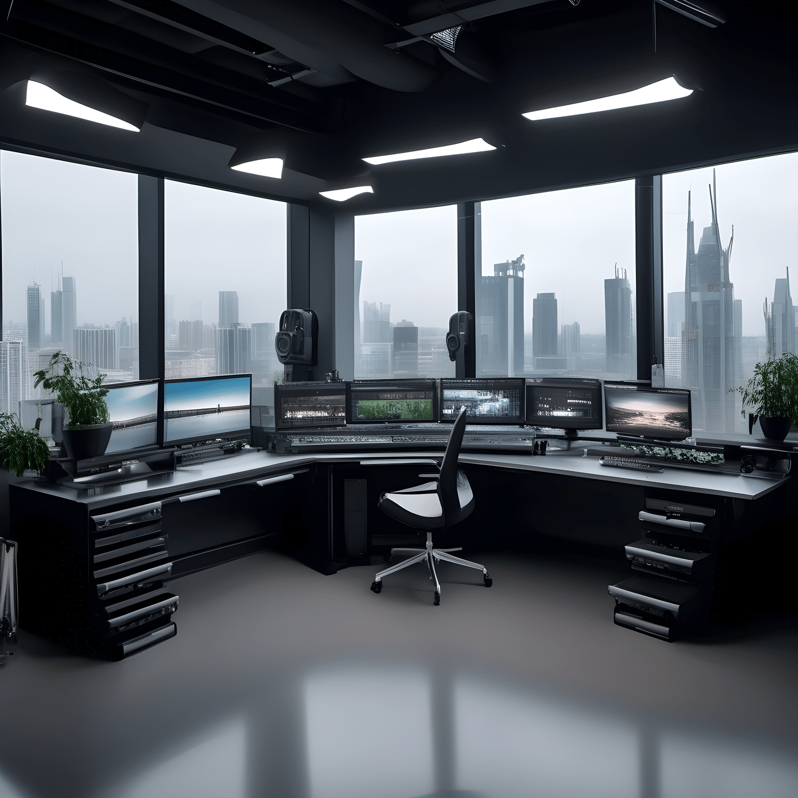 A modern well lit studio with sleek video editing equipment perhaps with a panoramic window offering cityscape views