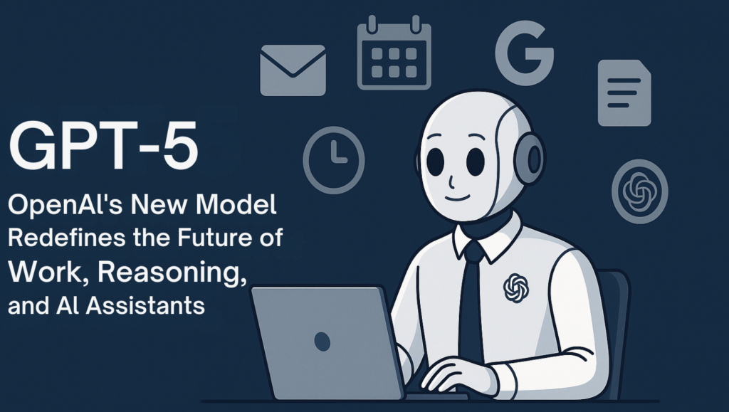 Illustration of openai GPT-5 AI assistant working across productivity tools.