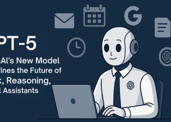 Illustration of openai GPT-5 AI assistant working across productivity tools.