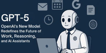 Illustration of openai GPT-5 AI assistant working across productivity tools.